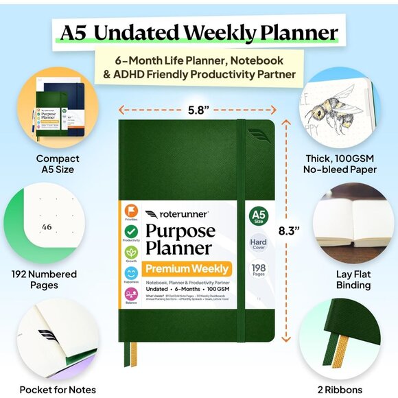 Roterunner A5 Undated Weekly Planner 6-Month Green Hard Cover ADHD 89pgs - Picture 2 of 8